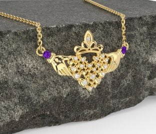 Diamond Amethyst Gold Silver Claddagh Necklace