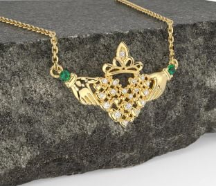 Diamond Emerald Gold Silver Claddagh Necklace