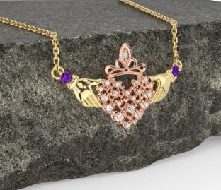 Diamond Amethyst Rose Yellow Gold & Silver Claddagh Necklace