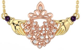 Diamond Alexandrite Rose Yellow Gold & Silver Claddagh Necklace