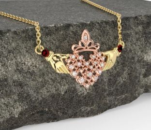Diamond Garnet Rose Yellow Gold & Silver Claddagh Necklace