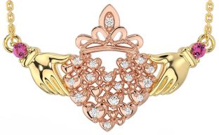 Diamond Pink Tourmaline Rose Yellow Gold & Silver Claddagh Necklace