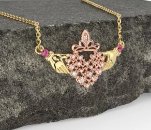 Diamond Pink Tourmaline Rose Yellow Gold & Silver Claddagh Necklace