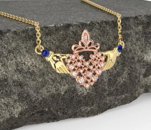 Diamond Sapphire Rose Yellow Gold & Silver Claddagh Necklace
