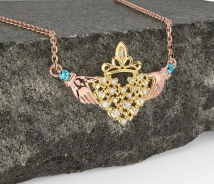 Diamond Aquamarine Rose Yellow Gold Claddagh Necklace