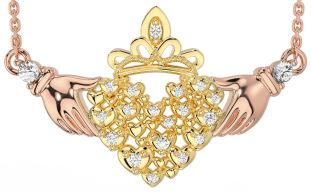 Diamond Rose Yellow Gold Claddagh Necklace