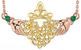 Diamond Emerald Rose Yellow Gold Claddagh Necklace