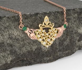 Diamond Emerald Rose Yellow Gold Claddagh Necklace
