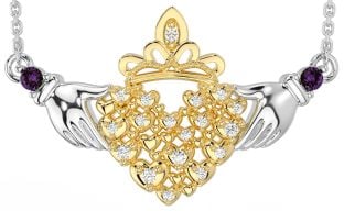 Diamond Alexandrite White Yellow Gold Claddagh Necklace