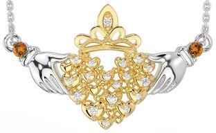 Diamond Citrine White Yellow Gold Claddagh Necklace