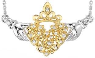 Diamond White Yellow Gold Claddagh Necklace