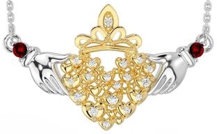 Diamond Garnet White Yellow Gold Claddagh Necklace