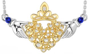 Diamond Sapphire White Yellow Gold Claddagh Necklace