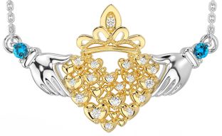 Diamond Topaz White Yellow Gold Claddagh Necklace