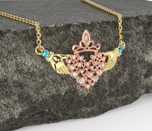 Diamond Aquamarine Rose Yellow Gold Claddagh Necklace
