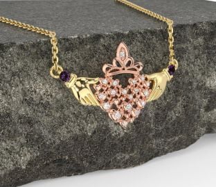 Diamond Alexandrite Rose Yellow Gold Claddagh Necklace