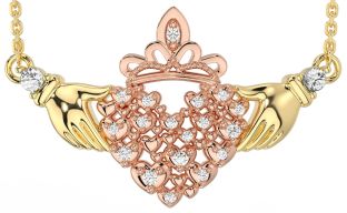Diamond Rose Yellow Gold Claddagh Necklace