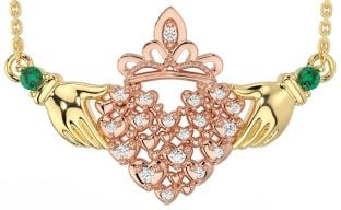 Diamond Emerald Rose Yellow Gold Claddagh Necklace