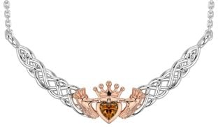 Citrine Rose Gold Silver Celtic Claddagh Necklace