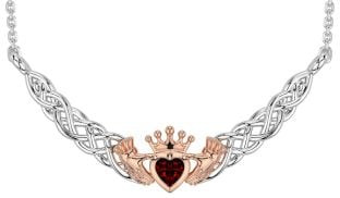 Garnet Rose Gold Silver Celtic Claddagh Necklace