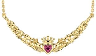 Pink Tourmaline Gold Silver Celtic Claddagh Necklace