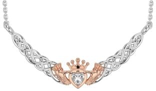 Diamond Rose Gold Silver Celtic Claddagh Necklace