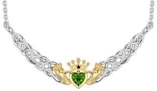 Peridot Gold Silver Celtic Claddagh Necklace