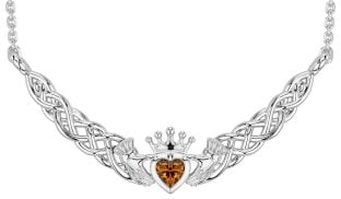 Citrine White Gold Celtic Claddagh Necklace