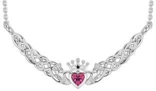 Pink Tourmaline White Gold Celtic Claddagh Necklace