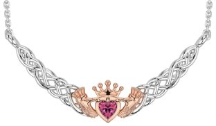 Pink Tourmaline White Rose Gold Celtic Claddagh Necklace