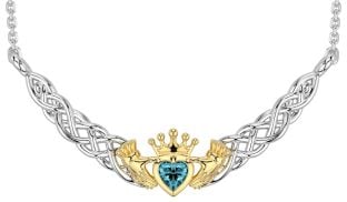 Aquamarine White Yellow Gold Celtic Claddagh Necklace