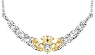 Diamond White Yellow Gold Celtic Claddagh Necklace