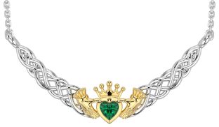 Emerald White Yellow Gold Celtic Claddagh Necklace