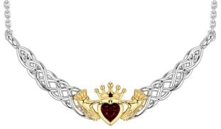 Garnet White Yellow Gold Celtic Claddagh Necklace