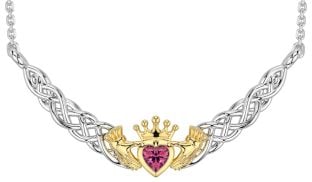 Pink Tourmaline White Yellow Gold Celtic Claddagh Necklace