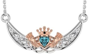 Aquamarine Rose Gold Silver Celtic Claddagh Necklace