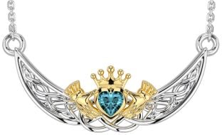 Aquamarine Gold Silver Celtic Claddagh Necklace