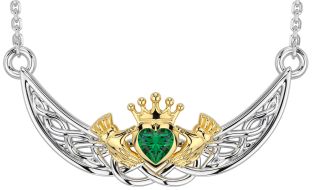 Emerald Gold Silver Celtic Claddagh Necklace