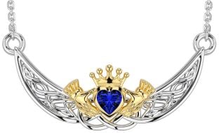 Sapphire Gold Silver Celtic Claddagh Necklace