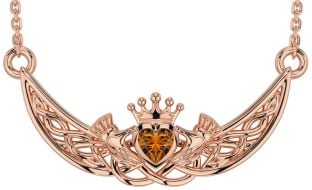 Citrino Rosa Ouro Prata céltico Claddagh Colar