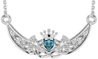 Aquamarine Silver Celtic Claddagh Necklace