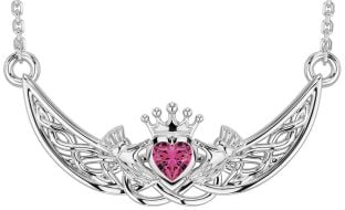 Pink Tourmaline Silver Celtic Claddagh Necklace