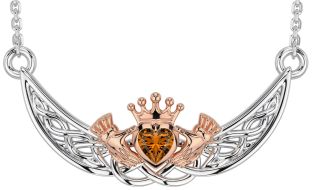 Citrine Rose Gold Silver Celtic Claddagh Necklace