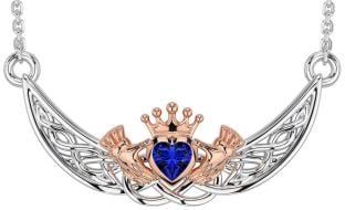 Sapphire Rose Gold Silver Celtic Claddagh Necklace