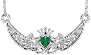 Emerald White Gold Celtic Claddagh Necklace