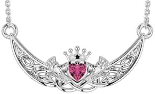 Pink Tourmaline White Gold Celtic Claddagh Necklace