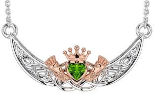 Peridot White Rose Gold Celtic Claddagh Necklace