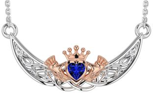 Sapphire White Rose Gold Celtic Claddagh Necklace