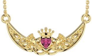 Pink Tourmaline Gold Celtic Claddagh Necklace