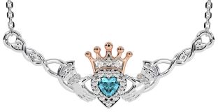 Aquamarine Rose Gold Silver Celtic Claddagh Necklace